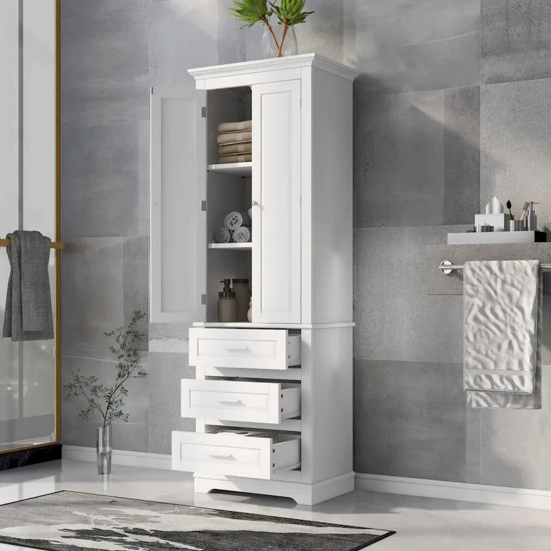 White Tall Bathroom Storage Cabinet with 3 Drawers, Single-Person Use