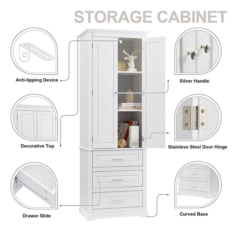 White Tall Bathroom Storage Cabinet with 3 Drawers, Single-Person Use