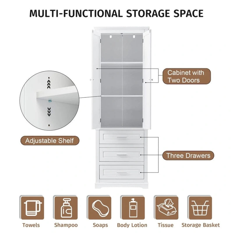 White Tall Bathroom Storage Cabinet with 3 Drawers, Single-Person Use