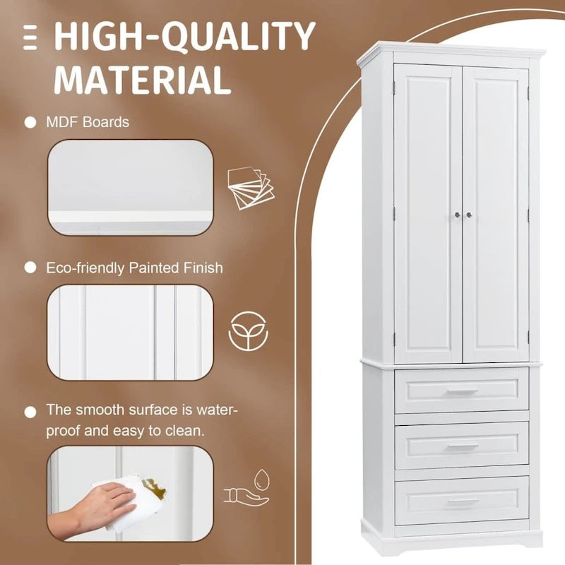 White Tall Bathroom Storage Cabinet with 3 Drawers, Single-Person Use
