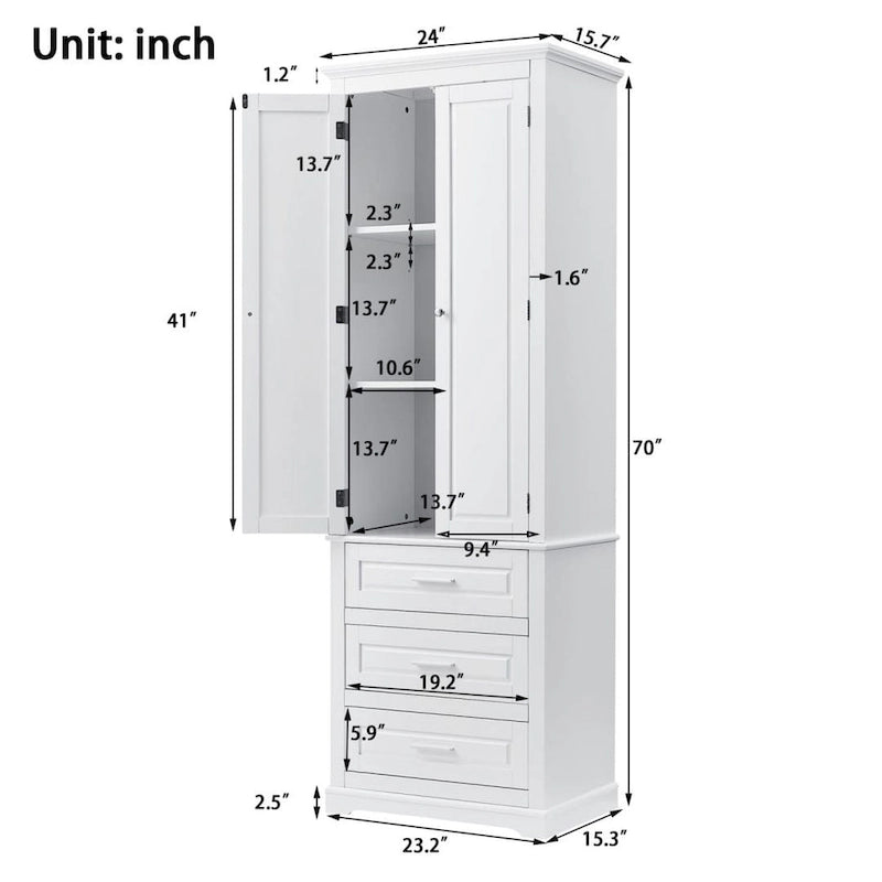 White Tall Bathroom Storage Cabinet with 3 Drawers, Single-Person Use