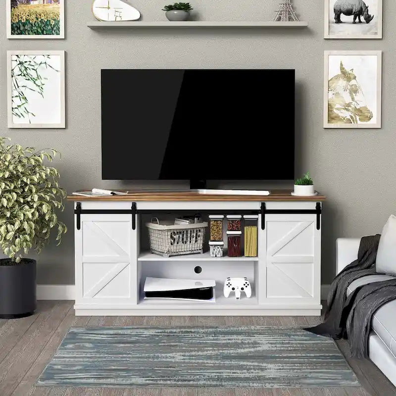 TV Stand with Barn Doors, 2-Shelf, White/Espresso/Oak, Fits TVs up to 65"