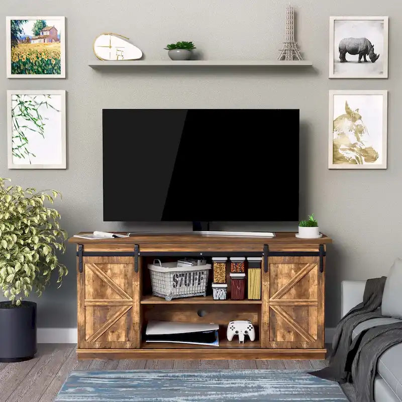 TV Stand with Barn Doors, 2-Shelf, White/Espresso/Oak, Fits TVs up to 65"