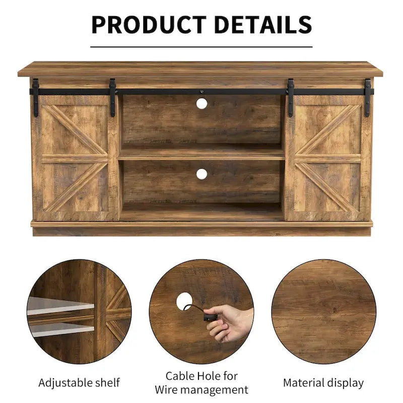 TV Stand with Barn Doors, 2-Shelf, White/Espresso/Oak, Fits TVs up to 65"