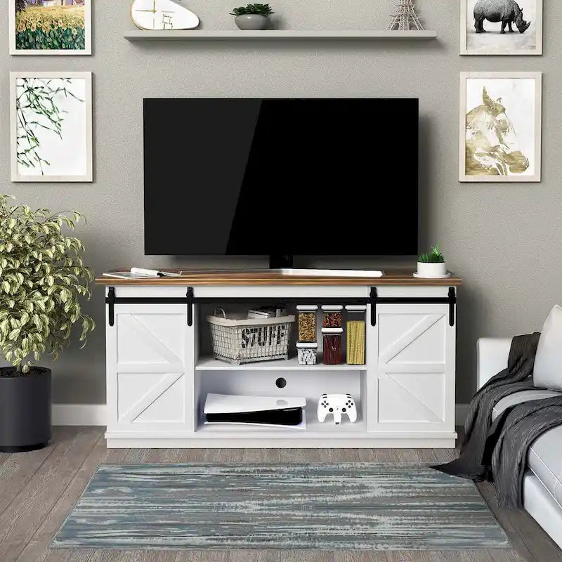 TV Stand with Barn Doors, 2-Shelf, White/Espresso/Oak, Fits TVs up to 65"
