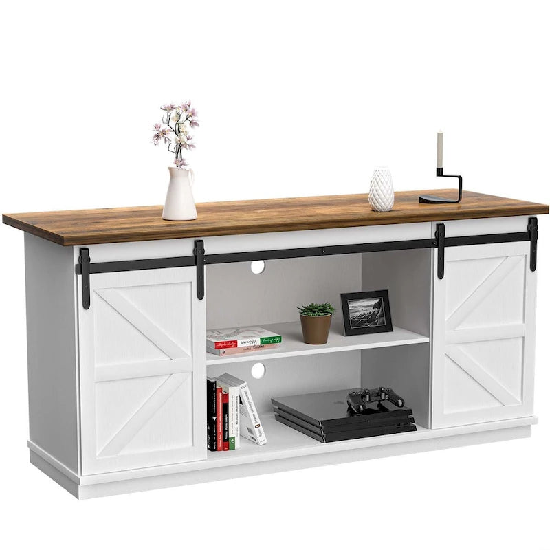 TV Stand with Barn Doors, 2-Shelf, White/Espresso/Oak, Fits TVs up to 65"