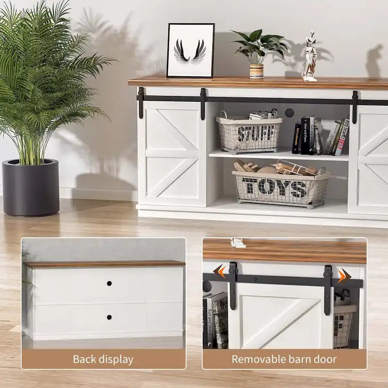 TV Stand with Barn Doors, 2-Shelf, White/Espresso/Oak, Fits TVs up to 65"
