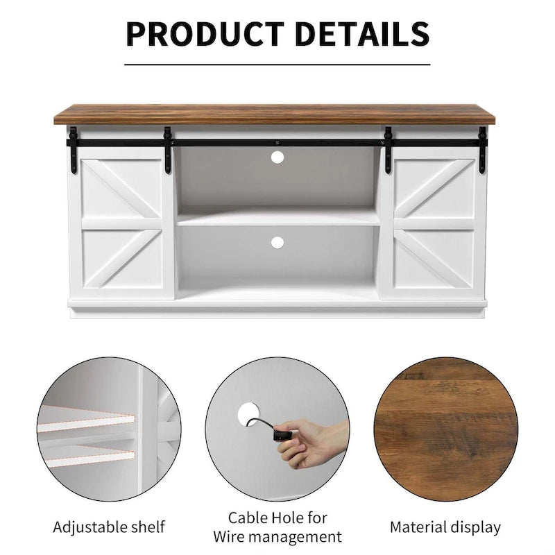 TV Stand with Barn Doors, 2-Shelf, White/Espresso/Oak, Fits TVs up to 65"
