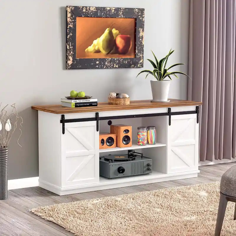 TV Stand with Barn Doors, 2-Shelf, White/Espresso/Oak, Fits TVs up to 65"