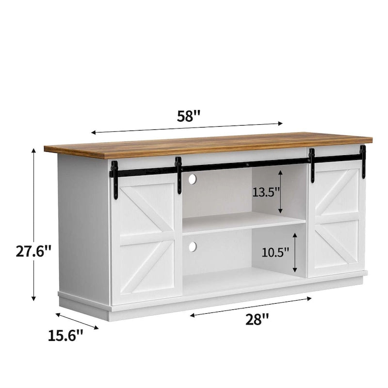 TV Stand with Barn Doors, 2-Shelf, White/Espresso/Oak, Fits TVs up to 65"