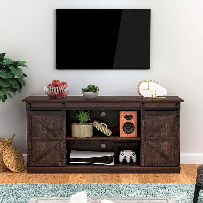 TV Stand with Barn Doors, 2-Shelf, White/Espresso/Oak, Fits TVs up to 65"