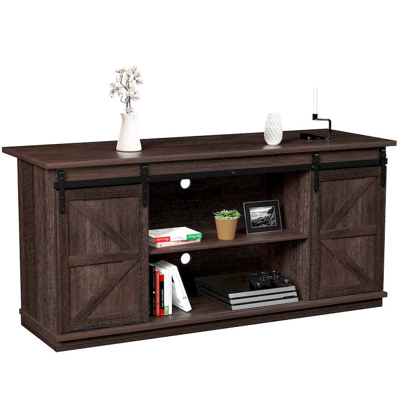TV Stand with Barn Doors, 2-Shelf, White/Espresso/Oak, Fits TVs up to 65"