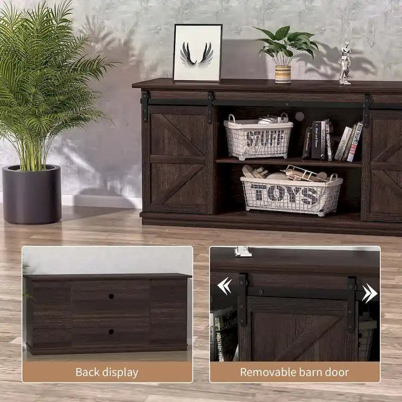 TV Stand with Barn Doors, 2-Shelf, White/Espresso/Oak, Fits TVs up to 65"