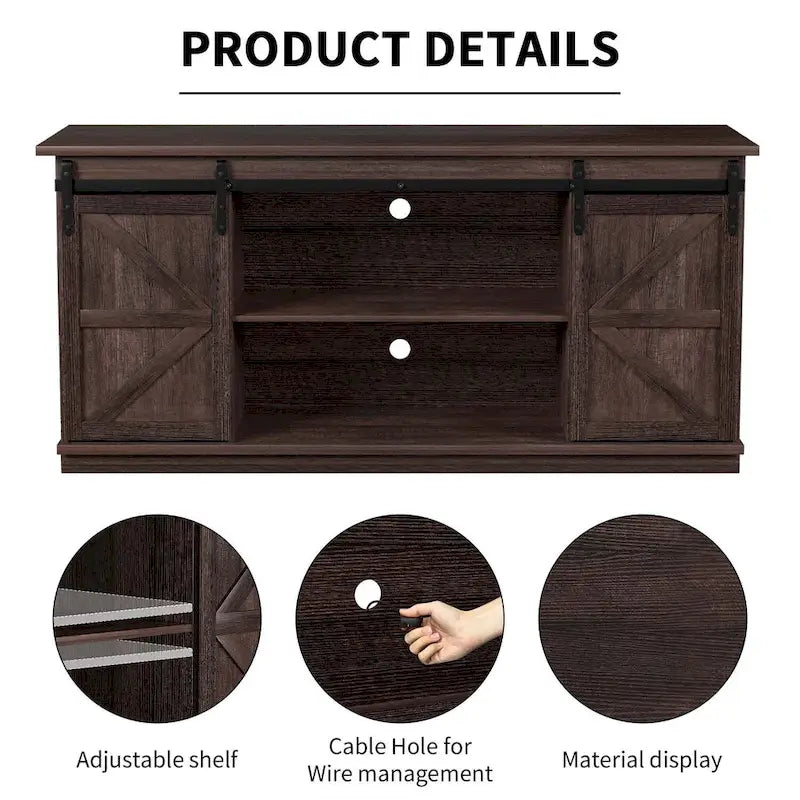 TV Stand with Barn Doors, 2-Shelf, White/Espresso/Oak, Fits TVs up to 65"