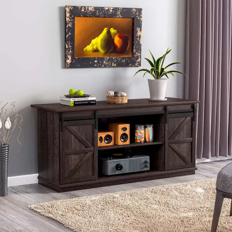 TV Stand with Barn Doors, 2-Shelf, White/Espresso/Oak, Fits TVs up to 65"