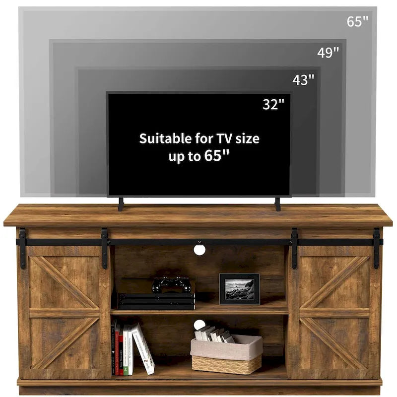 TV Stand with Barn Doors, 2-Shelf, White/Espresso/Oak, Fits TVs up to 65"