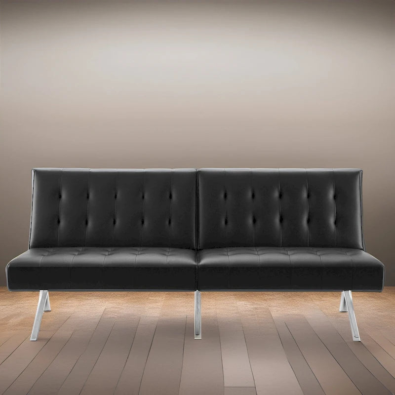 Multi-Color Tufted Split Back Futon Sofa Bed, Linen/Faux Leather, Chrome Legs, 2-Seater