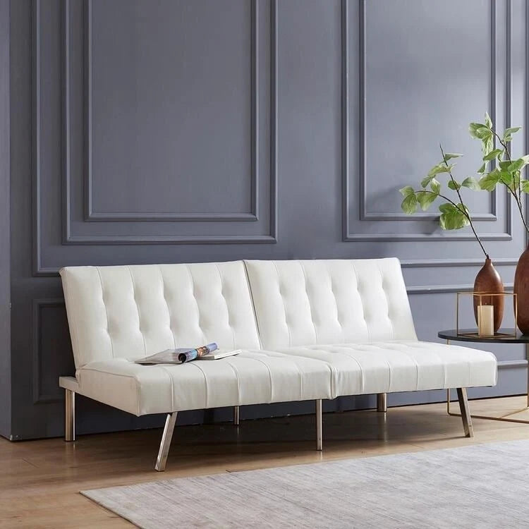 Multi-Color Tufted Split Back Futon Sofa Bed, Linen/Faux Leather, Chrome Legs, 2-Seater