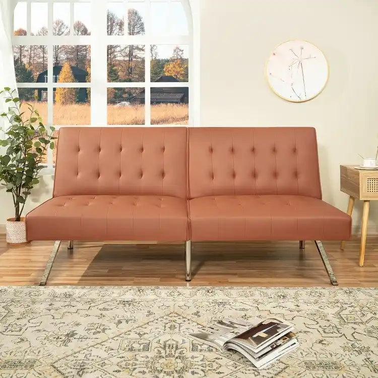 Multi-Color Tufted Split Back Futon Sofa Bed, Linen/Faux Leather, Chrome Legs, 2-Seater