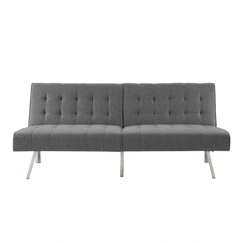 Multi-Color Tufted Split Back Futon Sofa Bed, Linen/Faux Leather, Chrome Legs, 2-Seater