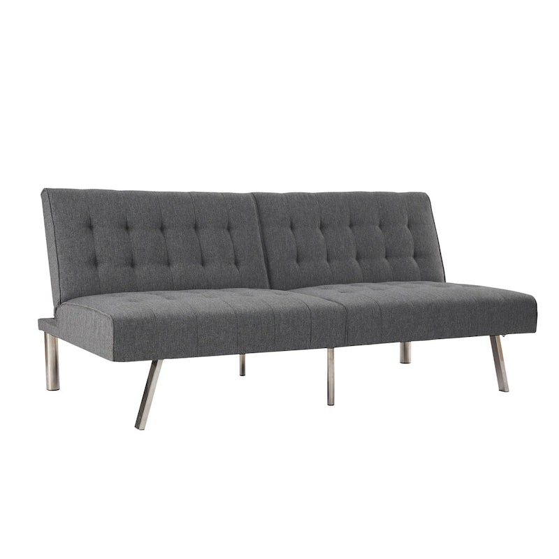 Multi-Color Tufted Split Back Futon Sofa Bed, Linen/Faux Leather, Chrome Legs, 2-Seater