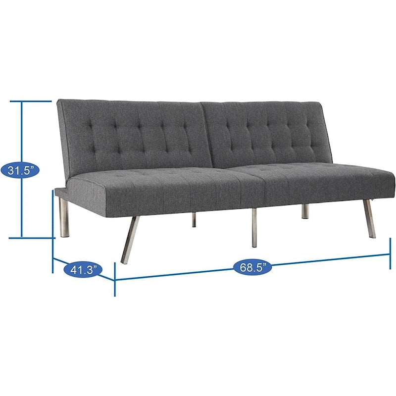 Multi-Color Tufted Split Back Futon Sofa Bed, Linen/Faux Leather, Chrome Legs, 2-Seater
