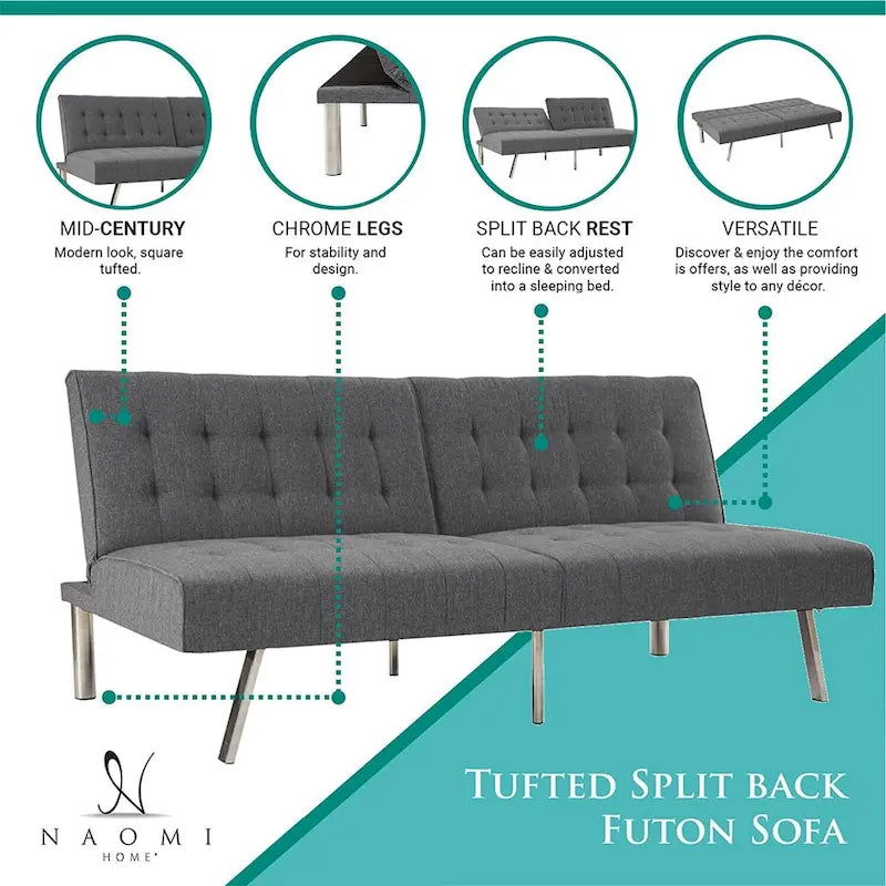 Multi-Color Tufted Split Back Futon Sofa Bed, Linen/Faux Leather, Chrome Legs, 2-Seater