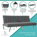 Multi-Color Tufted Split Back Futon Sofa Bed, Linen/Faux Leather, Chrome Legs, 2-Seater