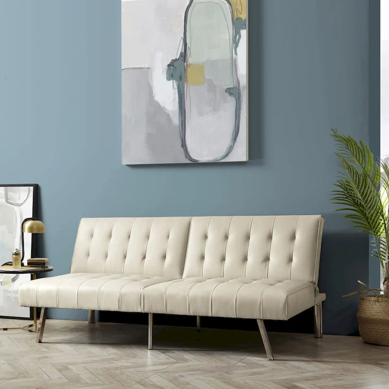 Multi-Color Tufted Split Back Futon Sofa Bed, Linen/Faux Leather, Chrome Legs, 2-Seater