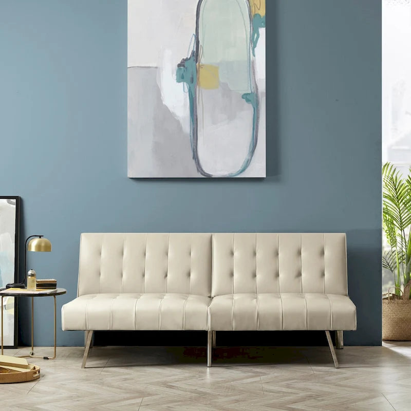 Multi-Color Tufted Split Back Futon Sofa Bed, Linen/Faux Leather, Chrome Legs, 2-Seater