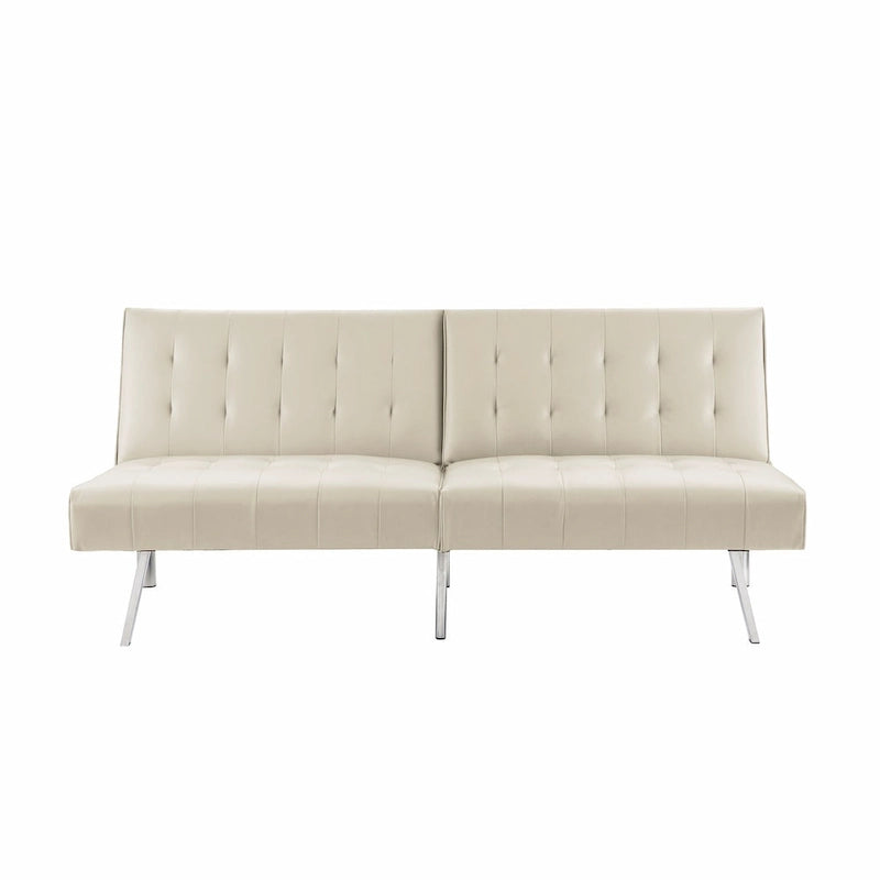 Multi-Color Tufted Split Back Futon Sofa Bed, Linen/Faux Leather, Chrome Legs, 2-Seater