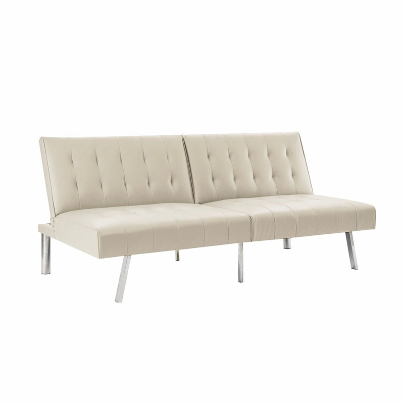 Multi-Color Tufted Split Back Futon Sofa Bed, Linen/Faux Leather, Chrome Legs, 2-Seater