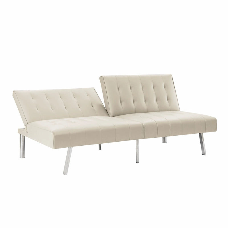 Multi-Color Tufted Split Back Futon Sofa Bed, Linen/Faux Leather, Chrome Legs, 2-Seater