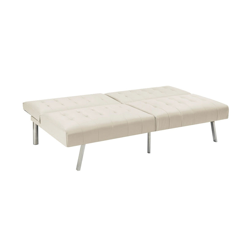 Multi-Color Tufted Split Back Futon Sofa Bed, Linen/Faux Leather, Chrome Legs, 2-Seater