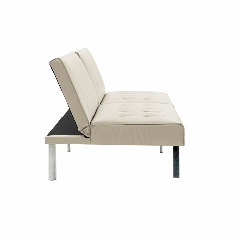 Multi-Color Tufted Split Back Futon Sofa Bed, Linen/Faux Leather, Chrome Legs, 2-Seater