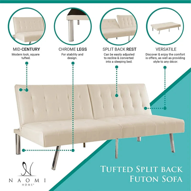 Multi-Color Tufted Split Back Futon Sofa Bed, Linen/Faux Leather, Chrome Legs, 2-Seater