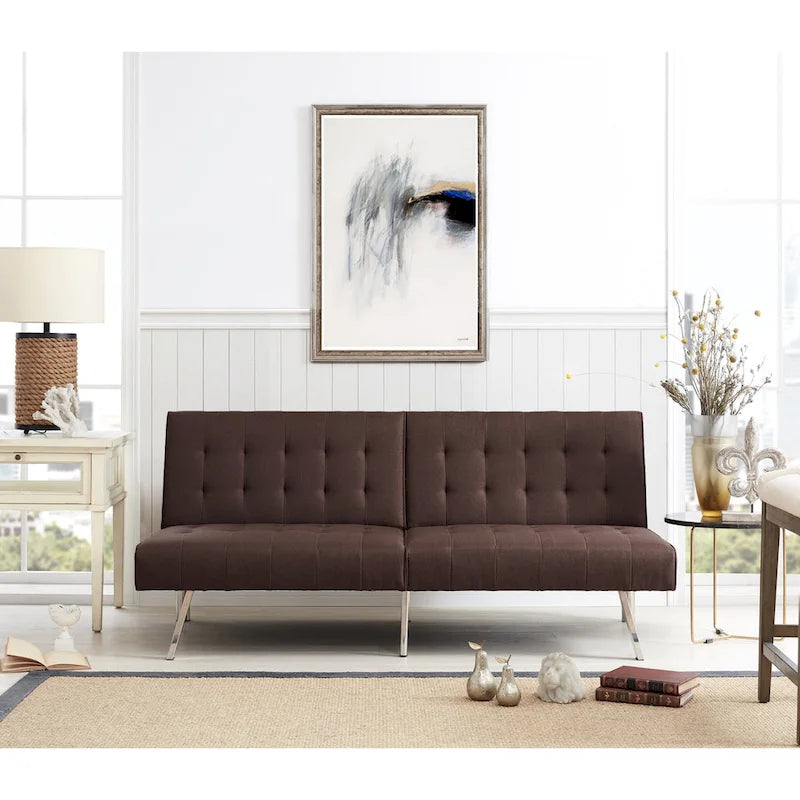 Multi-Color Tufted Split Back Futon Sofa Bed, Linen/Faux Leather, Chrome Legs, 2-Seater