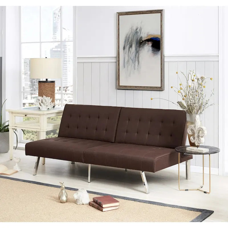 Multi-Color Tufted Split Back Futon Sofa Bed, Linen/Faux Leather, Chrome Legs, 2-Seater