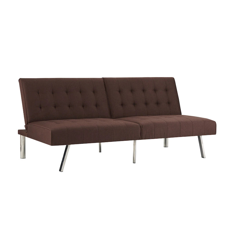 Multi-Color Tufted Split Back Futon Sofa Bed, Linen/Faux Leather, Chrome Legs, 2-Seater