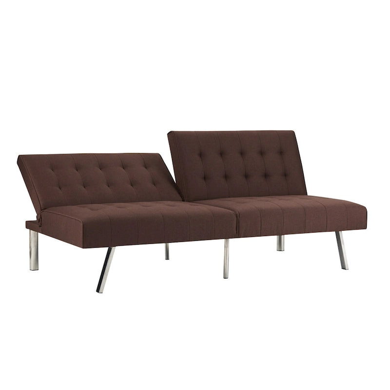 Multi-Color Tufted Split Back Futon Sofa Bed, Linen/Faux Leather, Chrome Legs, 2-Seater