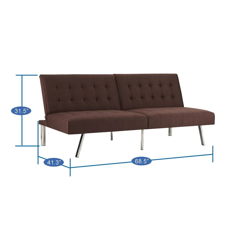 Multi-Color Tufted Split Back Futon Sofa Bed, Linen/Faux Leather, Chrome Legs, 2-Seater