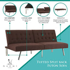 Multi-Color Tufted Split Back Futon Sofa Bed, Linen/Faux Leather, Chrome Legs, 2-Seater
