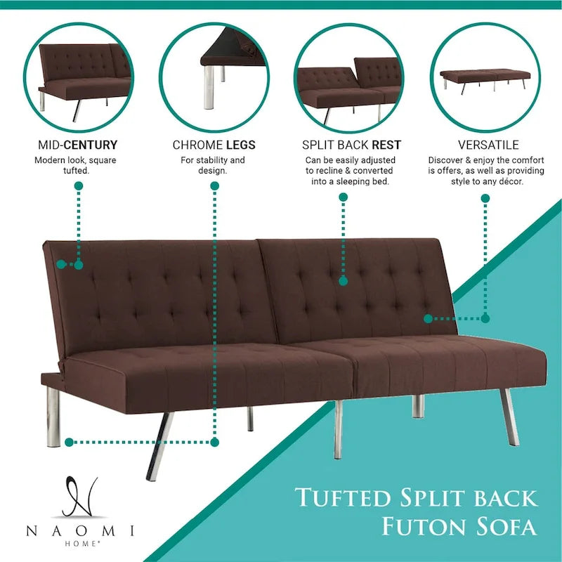 Multi-Color Tufted Split Back Futon Sofa Bed, Linen/Faux Leather, Chrome Legs, 2-Seater
