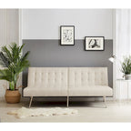 Multi-Color Tufted Split Back Futon Sofa Bed, Linen/Faux Leather, Chrome Legs, 2-Seater
