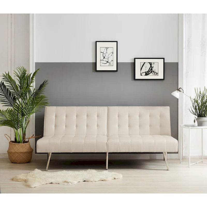 Multi-Color Tufted Split Back Futon Sofa Bed, Linen/Faux Leather, Chrome Legs, 2-Seater