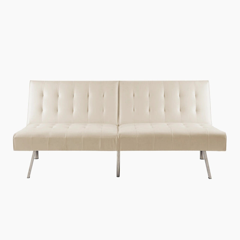 Multi-Color Tufted Split Back Futon Sofa Bed, Linen/Faux Leather, Chrome Legs, 2-Seater