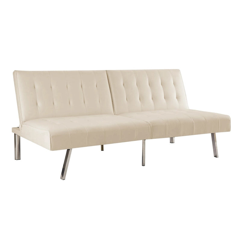 Multi-Color Tufted Split Back Futon Sofa Bed, Linen/Faux Leather, Chrome Legs, 2-Seater
