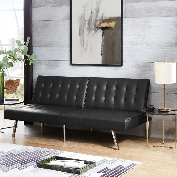 Multi-Color Tufted Split Back Futon Sofa Bed, Linen/Faux Leather, Chrome Legs, 2-Seater