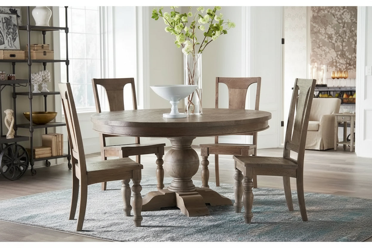 Brown Round Solid Teak Dining Table, Seats 5