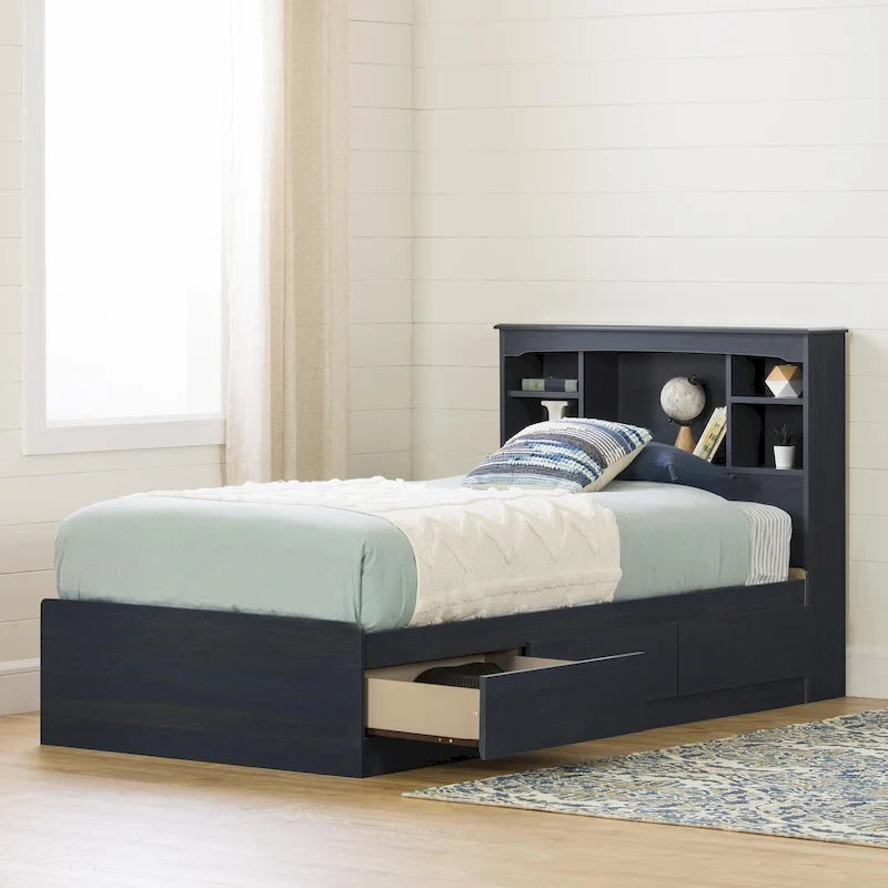 Kids Twin Mates Bed & Headboard Set with Storage – Seaside Pine / Blueberry, 1-Person